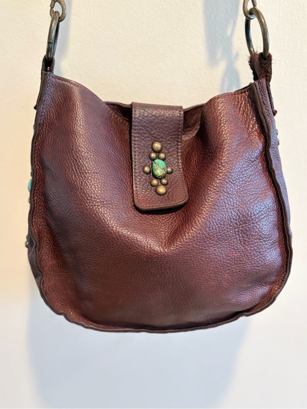 Two Bar West Brown Leather Crossbody Purse w/ Real Turquoise Accents